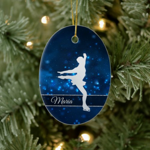 Elegant Blue Lights Silver Ice Skater Ceramic Ornament