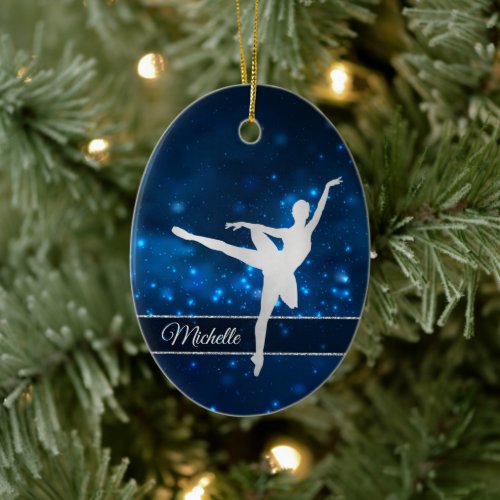 Elegant Blue Lights Silver Silhouette Dancer Ceramic Ornament