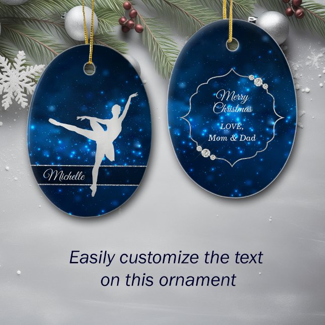 Elegant Blue Lights Silver Silhouette Dancer Ceramic Ornament (Creator Uploaded)