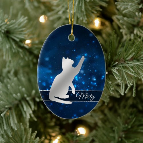 Elegant Blue Lights Silver Silhouette Playful Cat Ceramic Ornament