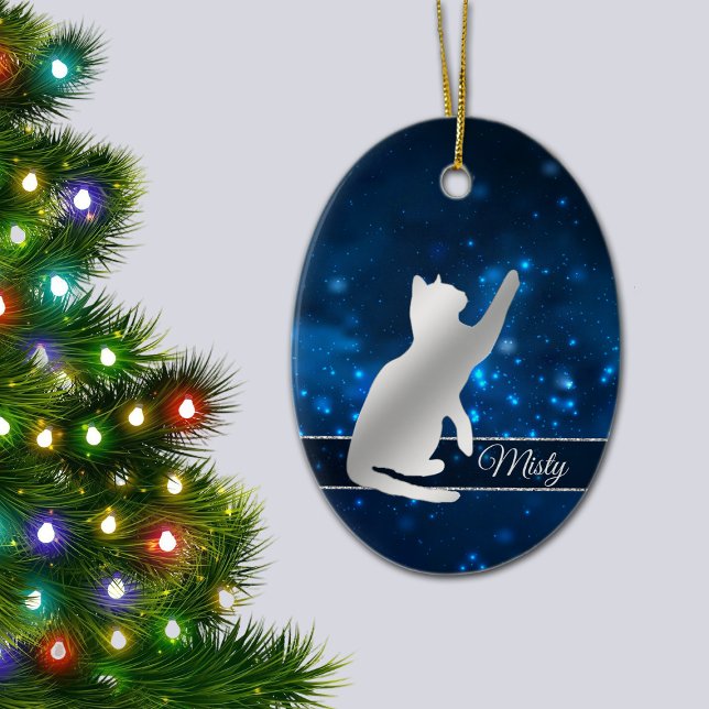 Elegant Blue Lights Silver Silhouette Playful Cat Ceramic Ornament (Creator Uploaded)
