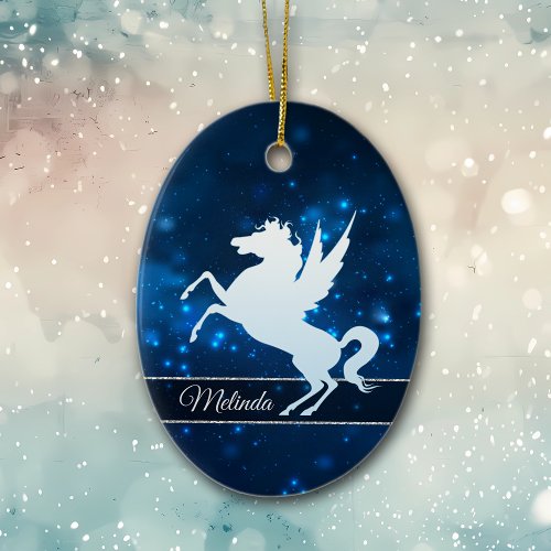 Elegant Blue Lights Silver Silhouette Unicorn Ceramic Ornament