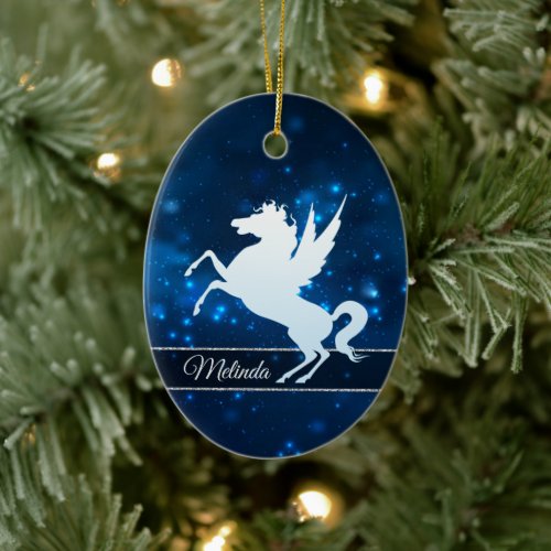 Elegant Blue Lights Silver Silhouette Unicorn Ceramic Ornament