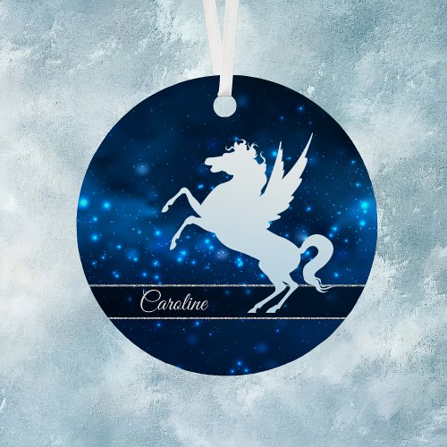 Elegant Blue Lights Silver Silhouette Unicorn Metal Ornament