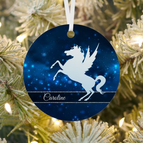 Elegant Blue Lights Silver Silhouette Unicorn Metal Ornament