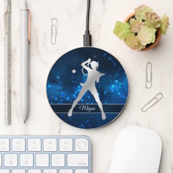 Elegant Blue Lights Silver Tennis Player Wireless Charger by Westerngirl2 at Zazzle