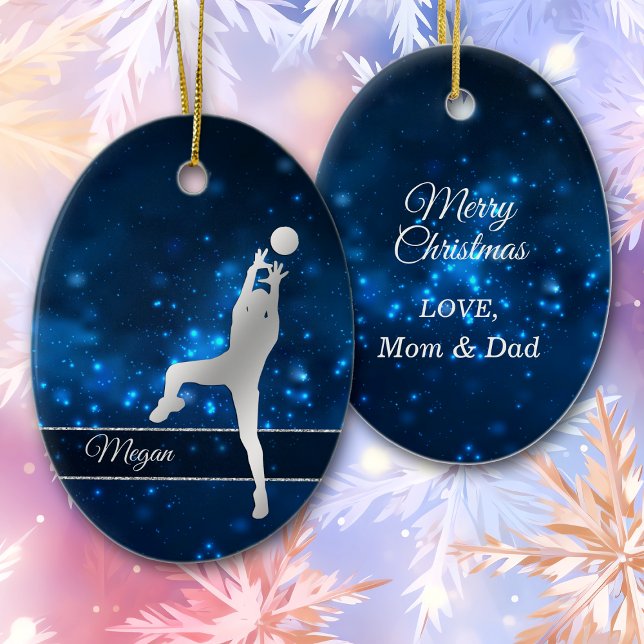 Elegant Blue Lights Silver Volleyball Player Ceramic Ornament (Creator Uploaded)