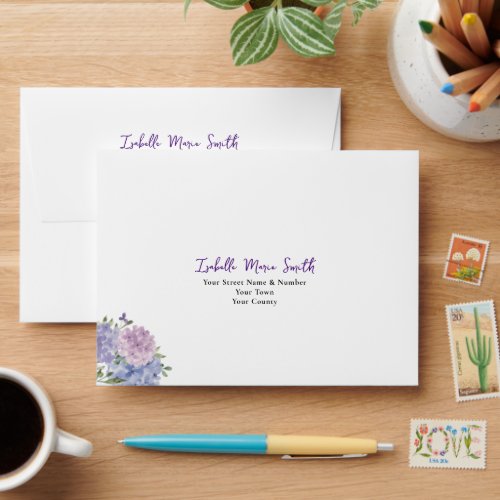 Elegant Blue  Lilac Hydrangea Floral Wedding RSVP Envelope