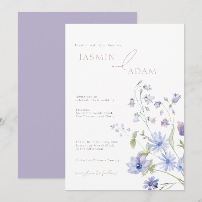 Elegant Blue & Lilac Wildflowers Wedding Invitation (Front/Back)