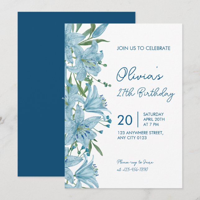 Elegant Blue Lily 27th Birthday Party Invitation (Front/Back)