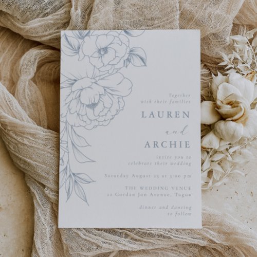 Elegant Blue Line Art Floral Wedding