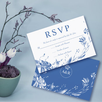 Elegant Blue Line Art Flowers Typography Floral Rsvp Card by weddings_ at Zazzle