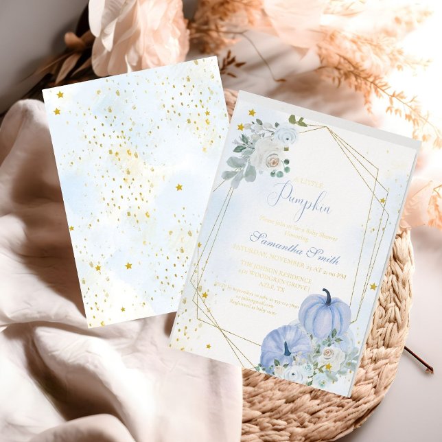 Elegant Blue Little Pumpkin Boy Baby Shower Foil Invitation (Creator Uploaded)