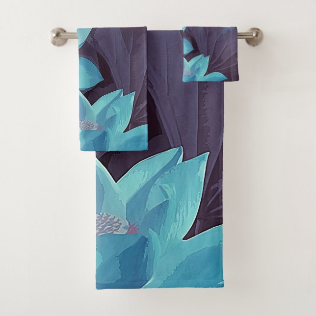 Elegant Blue Lotus Acrylic Artwork | Bath Towel Set (Insitu)