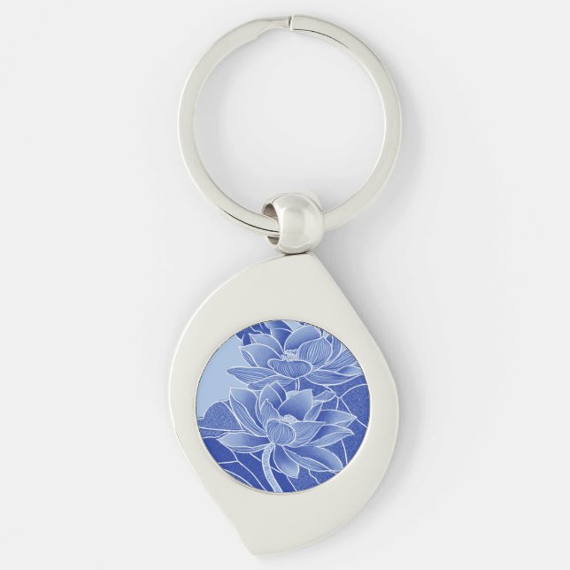 Elegant Blue Lotus Flowers Mandala Chinoiserie  Keychain (Front)