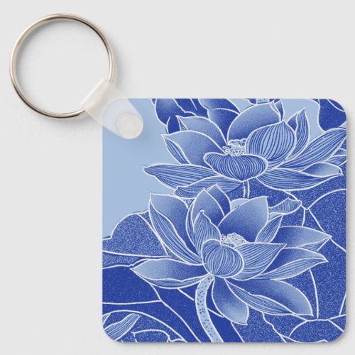 Elegant Blue Lotus Flowers Mandala Chinoiserie Keychain