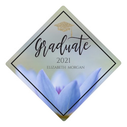 Elegant Blue Lotus Glitter Graduation Cap 