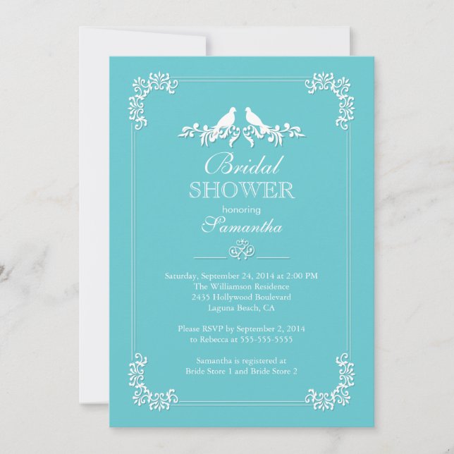Elegant Blue Love Birds Bridal Shower Invitation (Front)