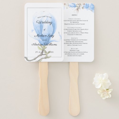 Elegant Blue Magnolia Wedding Menu Hand Fan