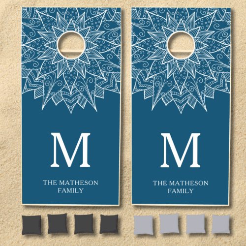 Elegant Blue Mandala Monogram Cornhole Set