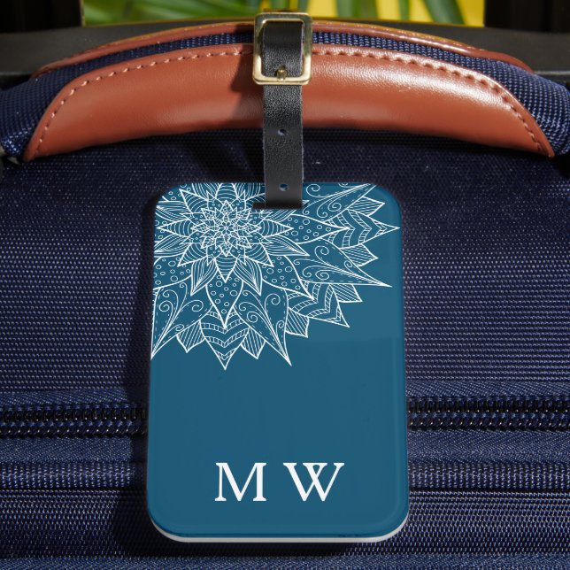 Elegant Blue Mandala Monogram Luggage Tag (Front Insitu 2)