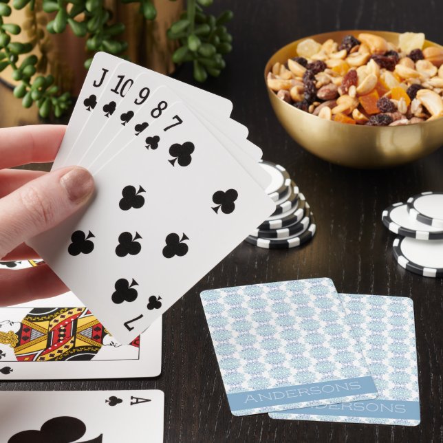 Elegant Blue Mandala Pattern on White Name Poker Cards (In Situ)