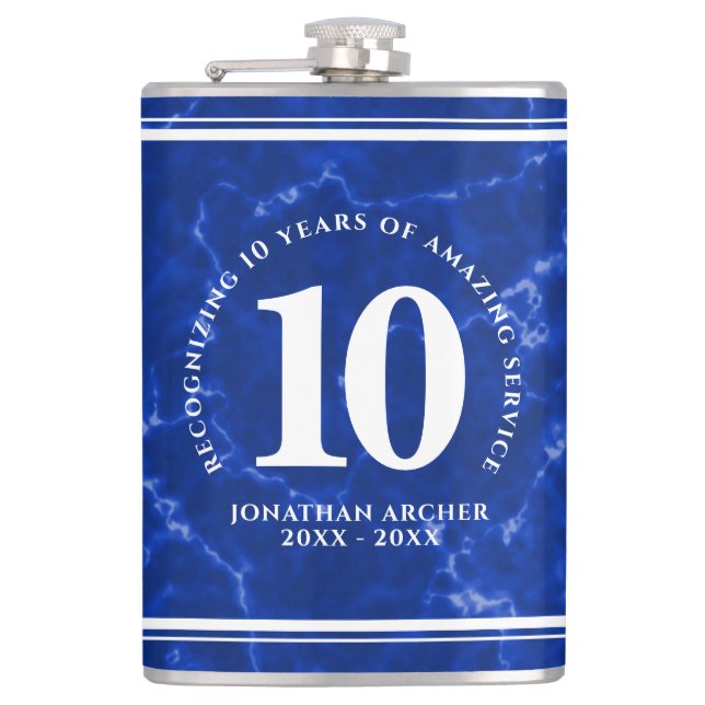 Elegant Blue Marble 10 Years Work Anniversary Flask (Front)