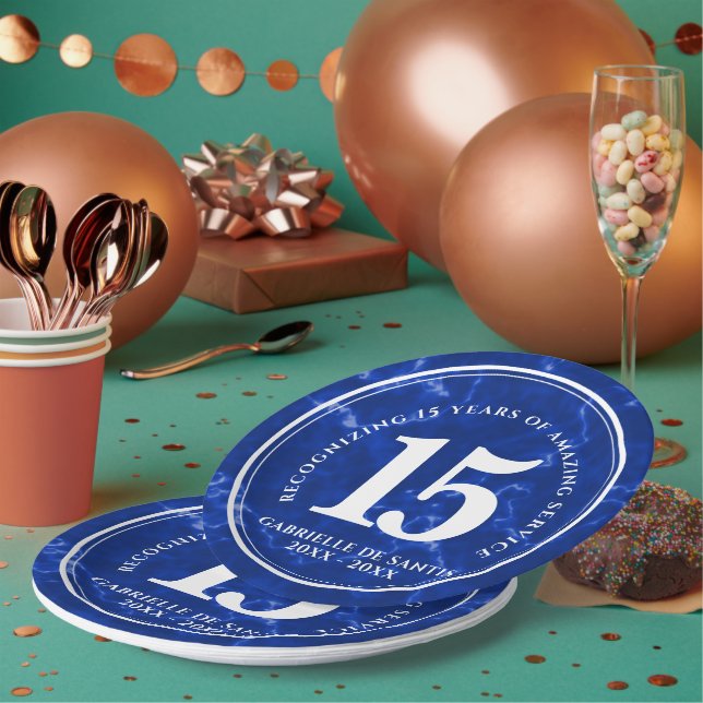 Elegant Blue Marble 15 Years Work Anniversary Paper Plates (Multi)