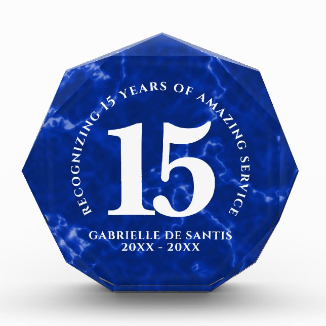 Elegant Blue Marble 15 Years Work Anniversary Photo Block (Front)