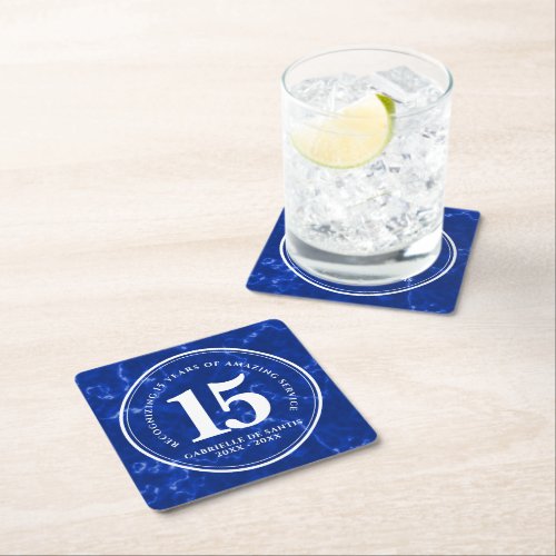 Elegant Blue Marble 15 Years Work Anniversary Square Paper Coaster