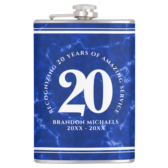 Elegant Blue Marble 20 Years Work Anniversary Flask (Front)