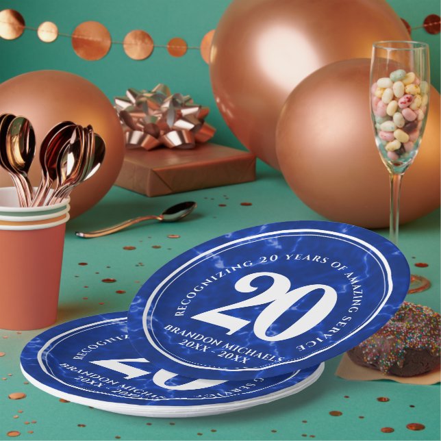 Elegant Blue Marble 20 Years Work Anniversary Paper Plates (Multi)