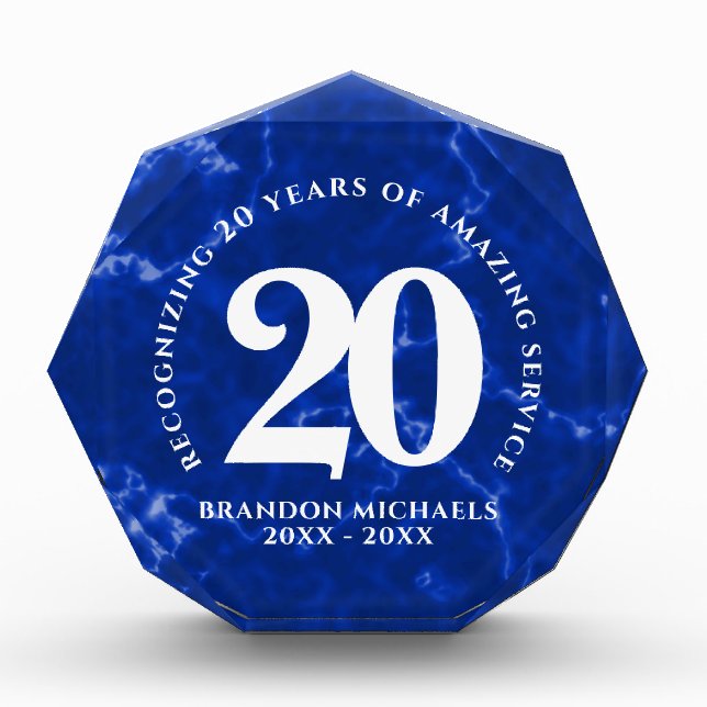 Elegant Blue Marble 20 Years Work Anniversary Photo Block (Front)