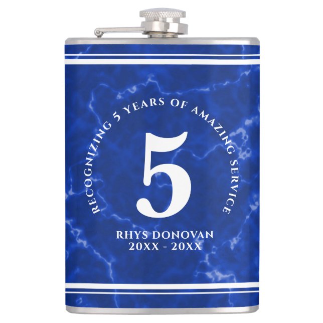 Elegant Blue Marble 5 Years Work Anniversary Flask (Front)