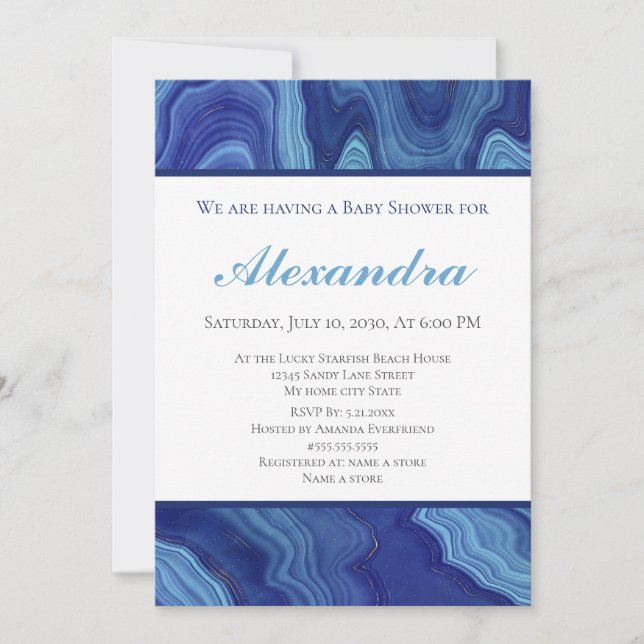 Elegant Blue Marble Agate Baby Shower (Front)