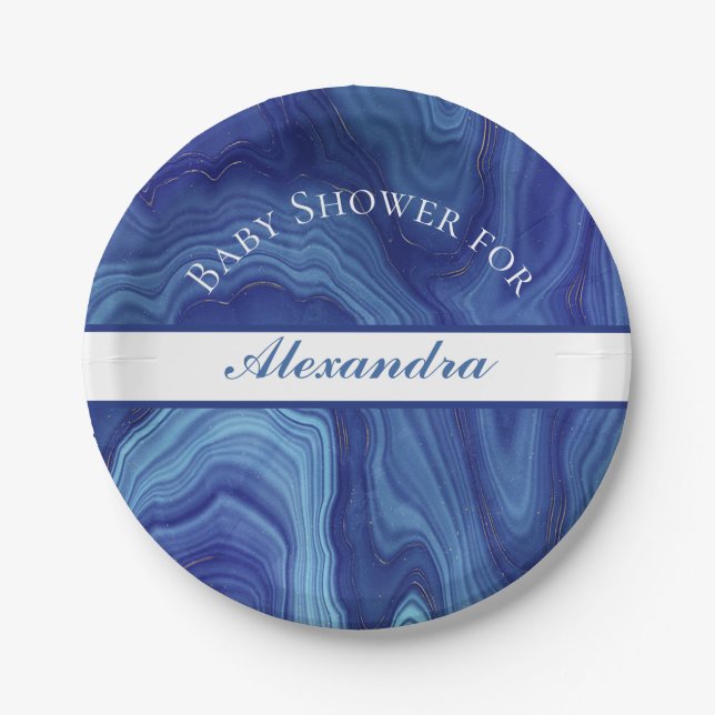 Elegant Blue Marble Agate Baby Shower Paper Plates (Front)