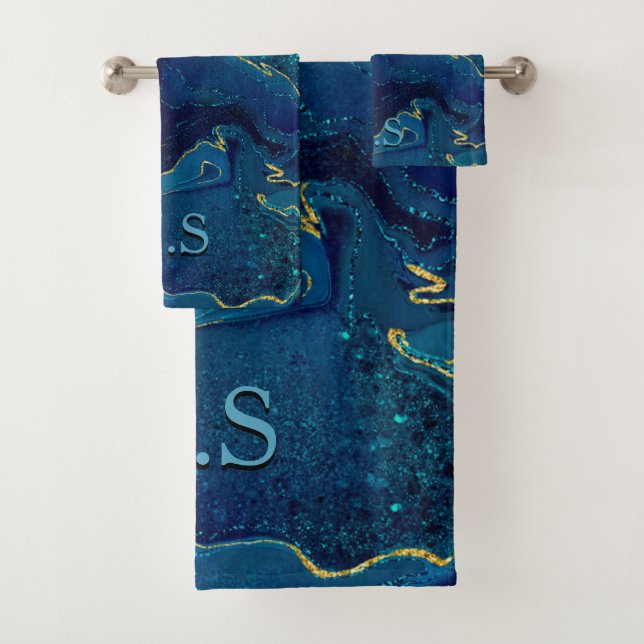 Elegant blue marble art faux gold glitter bath towel set (Insitu)