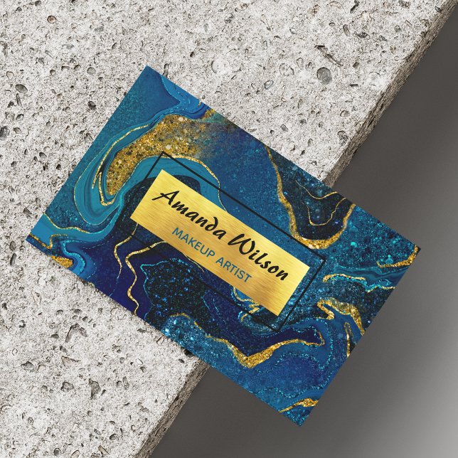 Elegant blue marble art faux gold glitter business card magnet (Creator Uploaded)