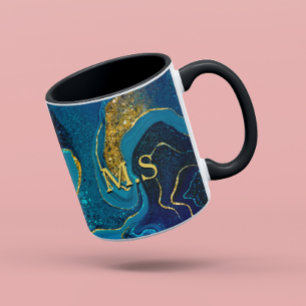 Elegant blue marble art faux gold glitter coffee mug
