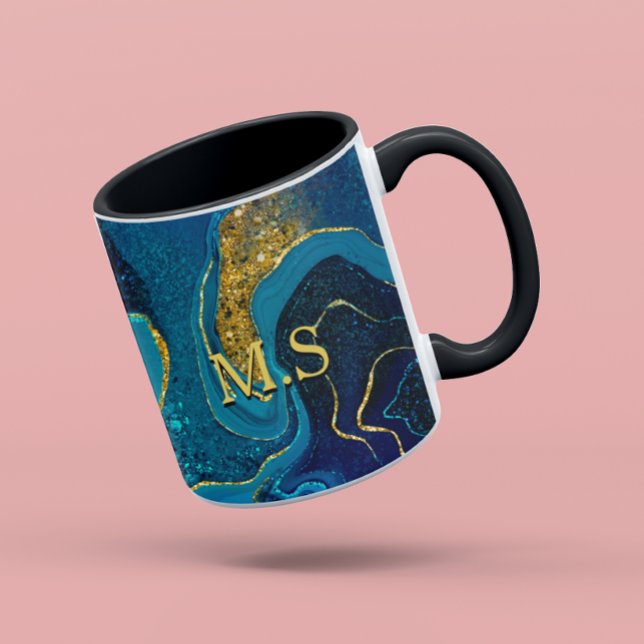 Elegant blue marble art faux gold glitter coffee mug (Creator Uploaded)
