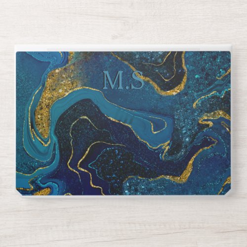 Elegant blue marble art faux gold glitter HP laptop skin