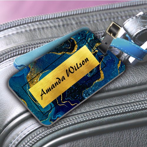 Elegant blue marble art faux gold glitter luggage tag