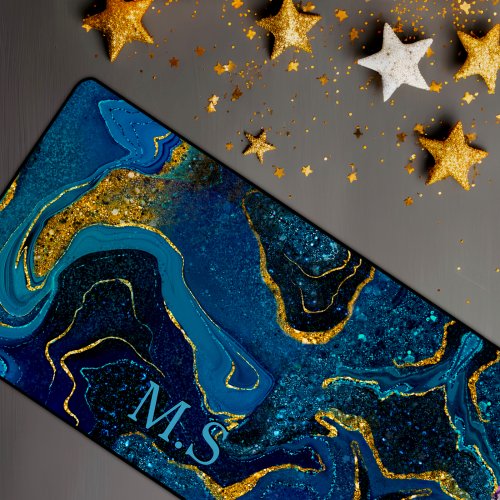 Elegant blue marble art faux gold glitter monogram desk mat
