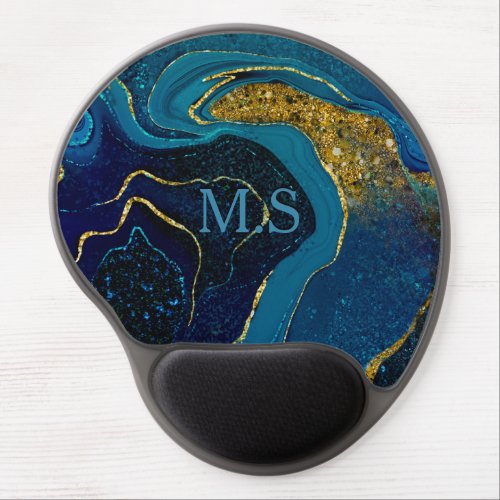 Elegant blue marble art faux gold glitter monogram gel mouse pad