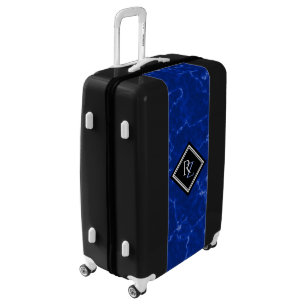 Elegant Blue Marble Black Diamond Monogram Luggage