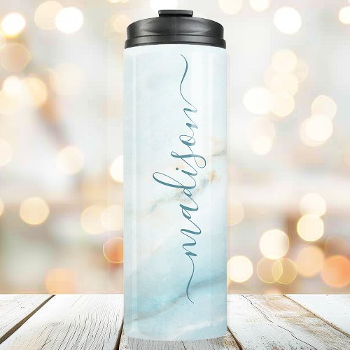 Elegant Blue Marble Chic Signature Script Name Thermal Tumbler