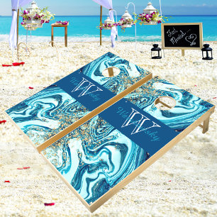 Elegant Blue Marble Family Monogram Cornhole Set