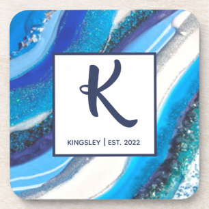 Elegant Blue Marble Geode Agate Abstract Family Beverage Coaster