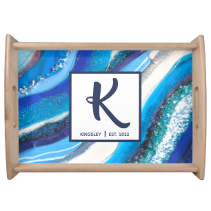 Elegant Blue Marble Geode Agate Abstract Family Serving Tray