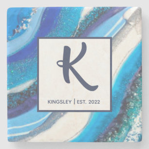 Elegant Blue Marble Geode Agate Abstract Family Stone Coaster